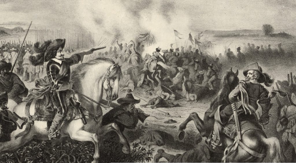 Bitka kod Zablata 1619. U prvom planu protestantski general Mansfeld, koji je poražen u ovoj bitki te Hrvati u jurišu u drugom planu. Prva poznata pukovnija ove vrste, Arneri, borila se u bitki kod Zablata.